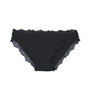 Black Ribbed Lace Trim Cotton Pointelle Bikini Panty